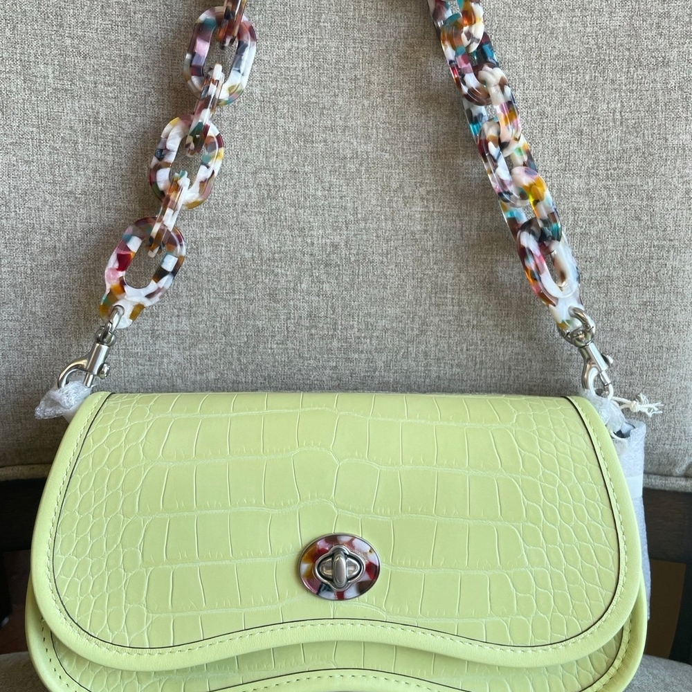 CoachtopiaCroc-Embossed Shoulder Bag in Light Yellow with Multicolor Resin Chain